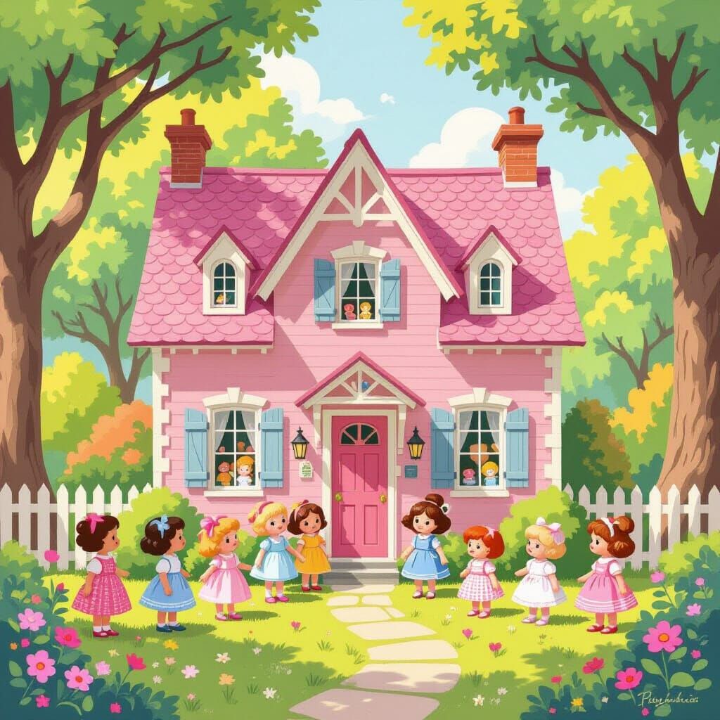 Charming Pink House with Whimsical Dolls in Garden