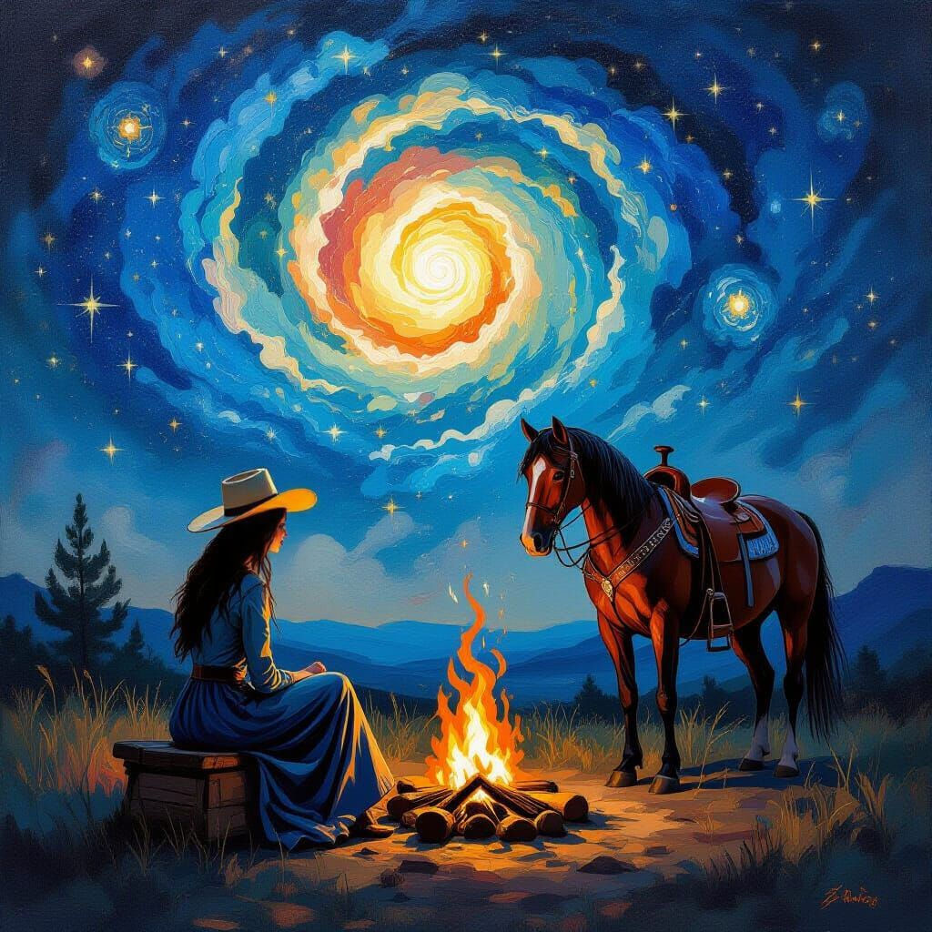 Cowgirl and her horse at a campfire on a cosmic night 