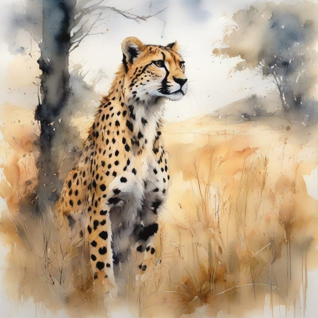 "A sprawling African savannah dotted with acacia trees under a vast, azure sky, and a regal cheetah lounging ...  by @Pinto