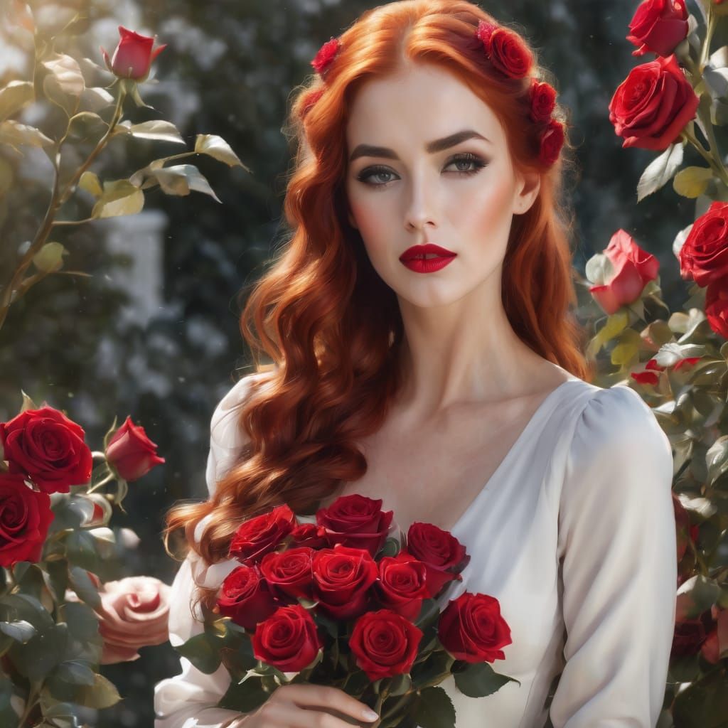 an attractive and elegant woman with long fiery red hair and...