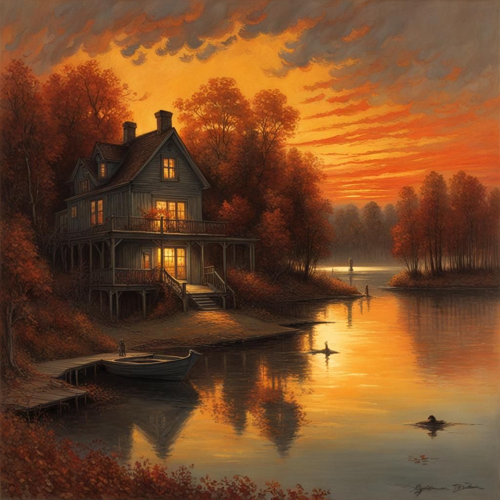 brilliant autumn sunset at the lakehouse