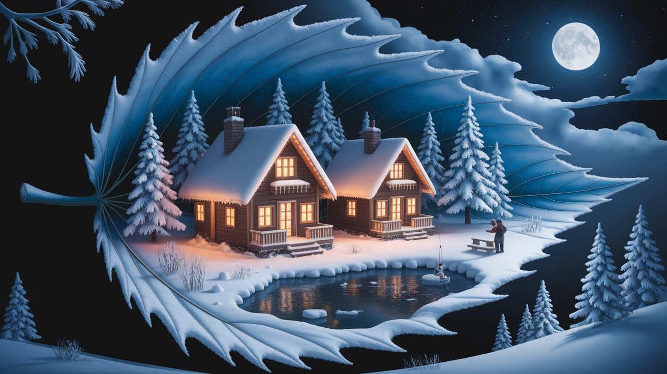 A magical winter scene with a large leaf covered in snow, transformed into a snowy landscape. The leaf ...  by @MrMaracuja