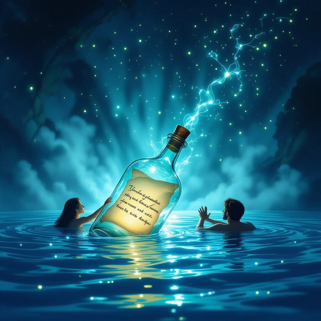 Ancient Message Bottle in Bioluminescent Waters