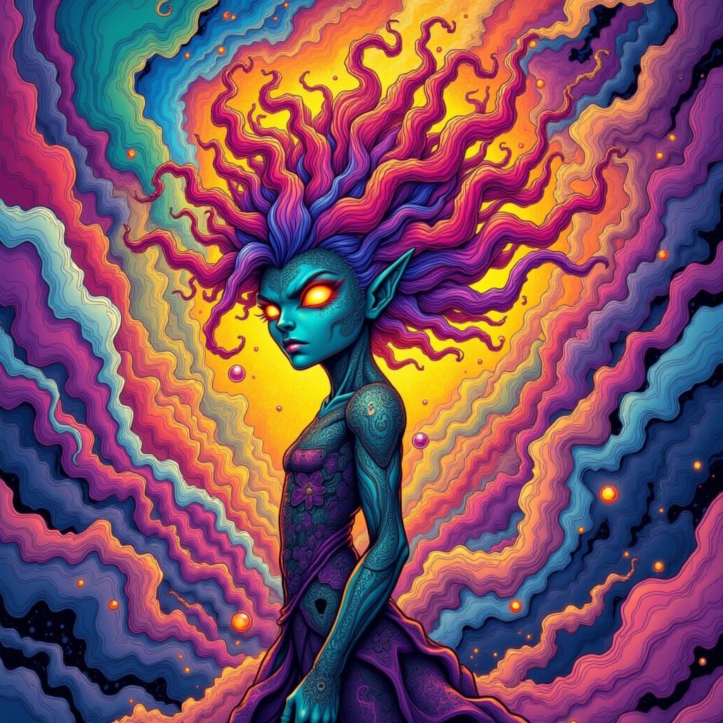 a beautiful alien warrior in a maelstrom of vibrant swirling colours, abstract surreal chaos behind her<lora:AdorableChaos:1.0>