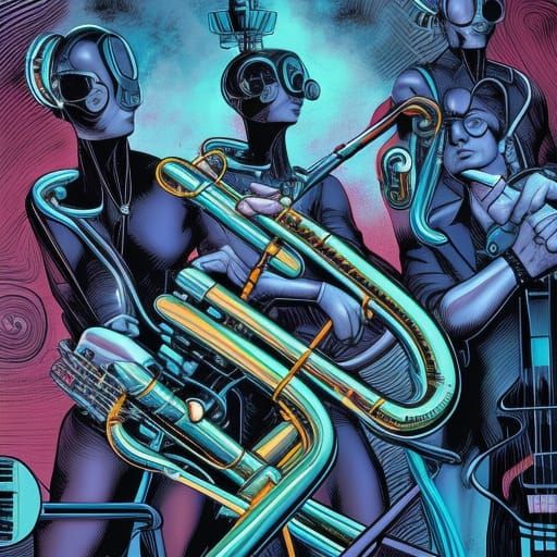 A band of cyborg jazz musicians