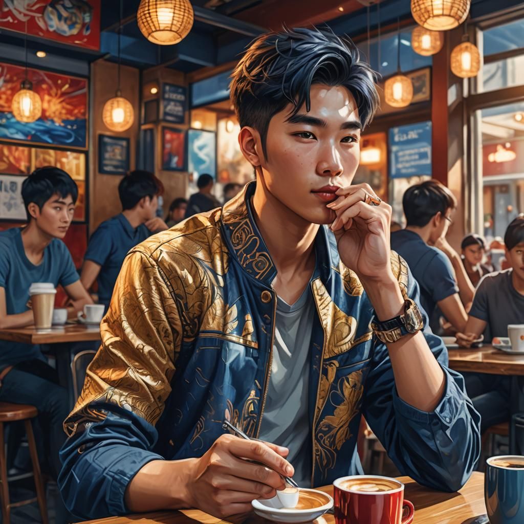 Trendy Teen Sipping Coffee: Vibrant Digital Art