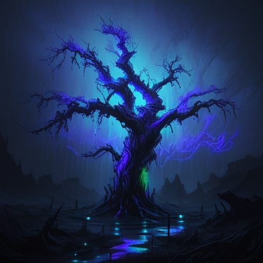 Scorpion Glows Under UV Light in Dark Fantasy Landscape