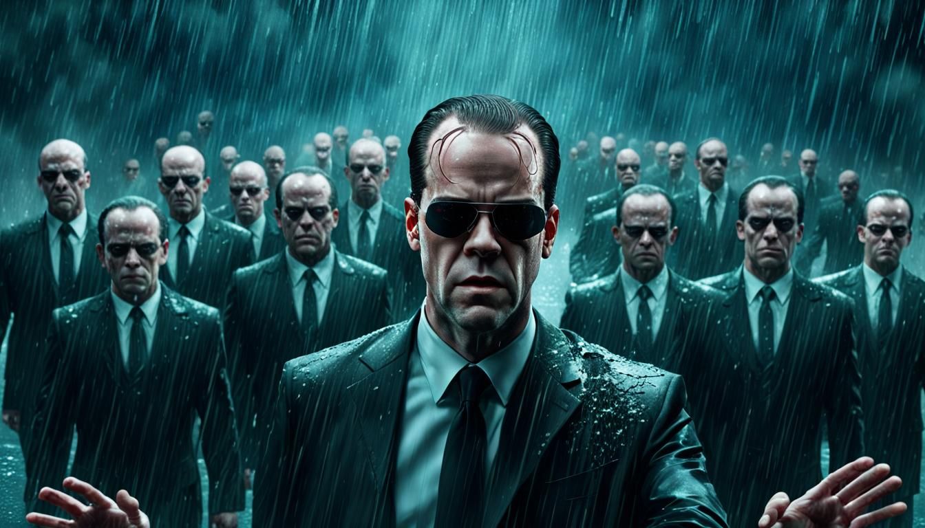 realistic portrait of Agent Smith standing in the matrix rain with demons from the underworld flying towards him from be...