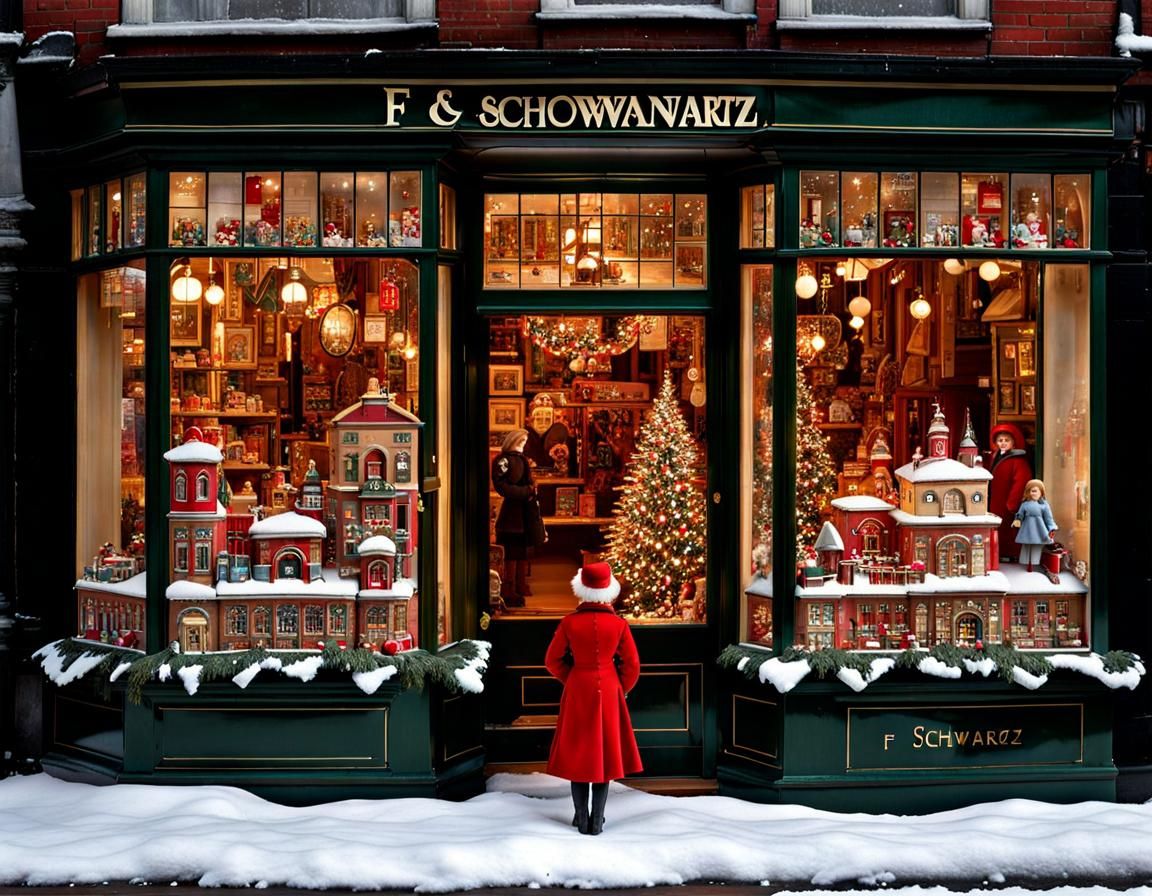 In idealized Victorian high street at Christmas, F A O Schwartz style toy store window filled with toys ...  by @Skwirlijvieux