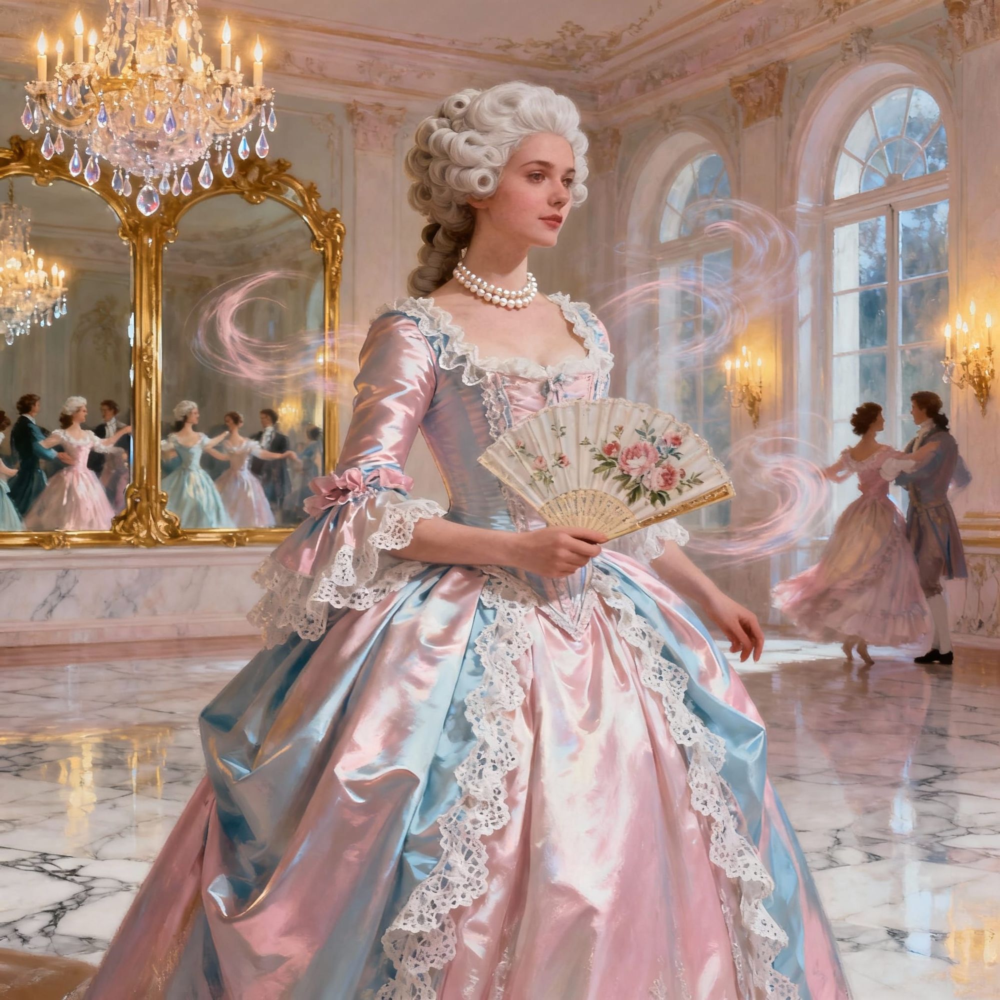 a beautiful young lady in eighteenth century costume in a ballroom