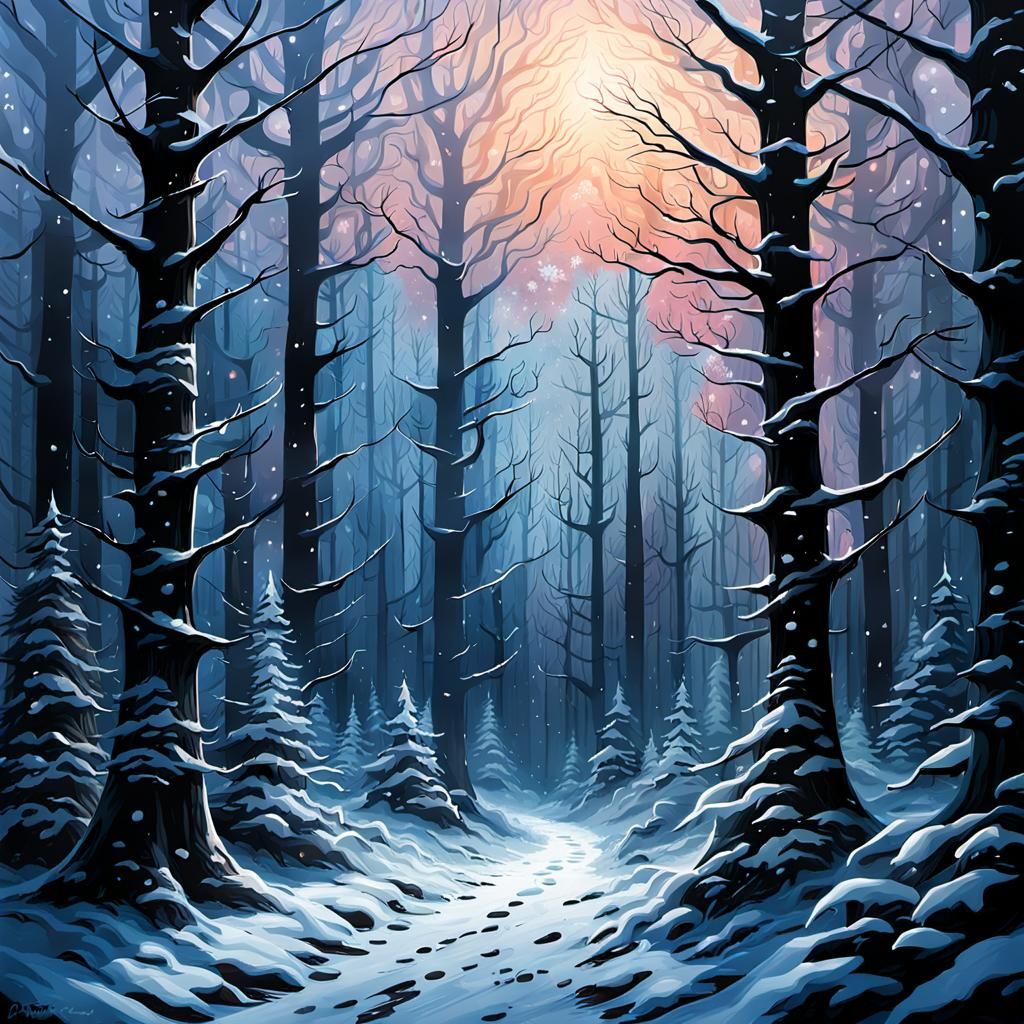 Beautiful forest with snowflakes at dawn