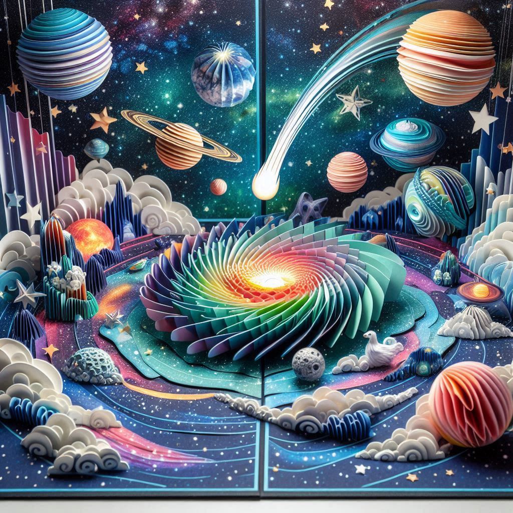 Pop-up book scenes showing a detailed galaxy with milky way, starry and a solar system 5