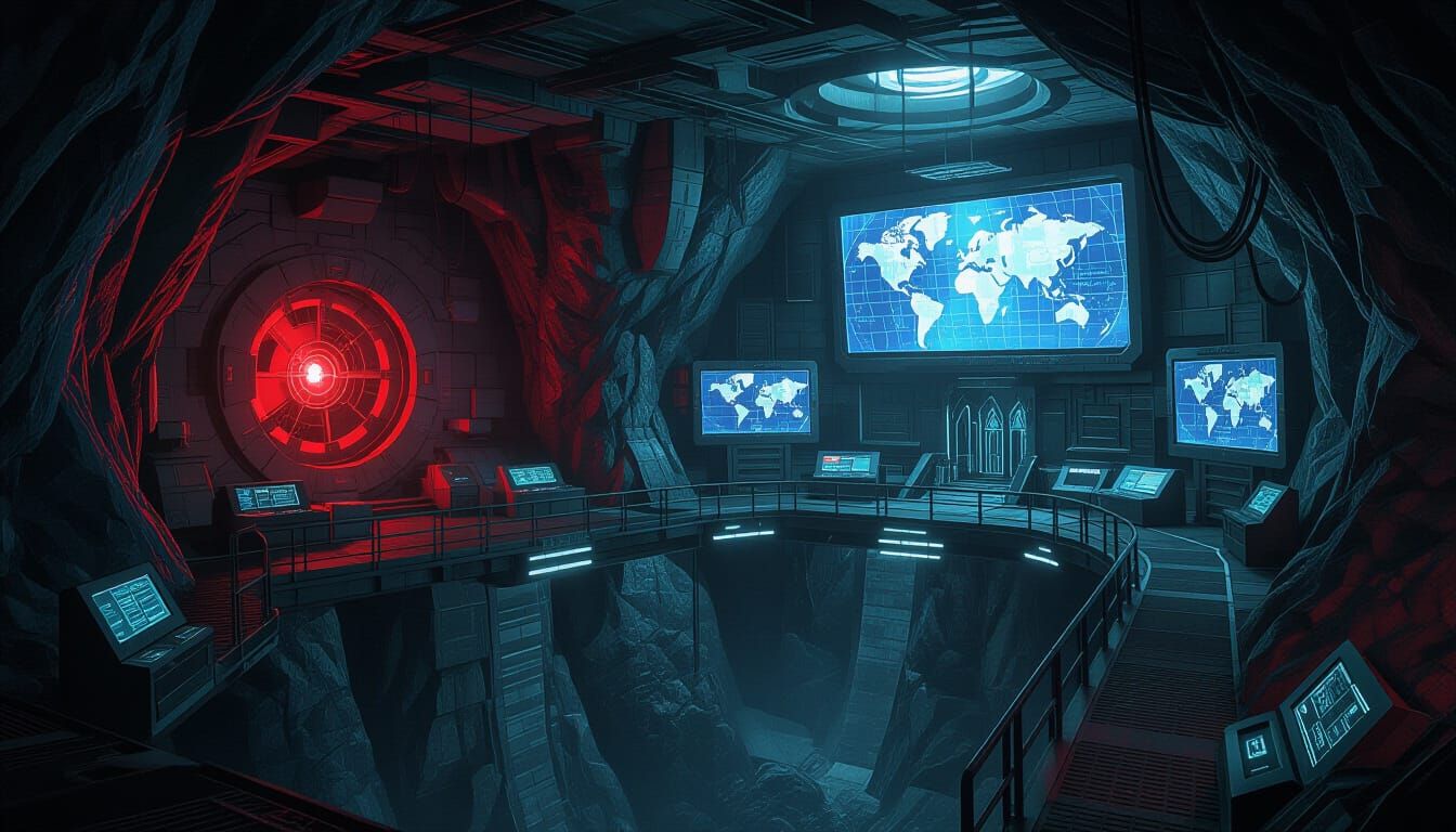 A dark and cinematic supervillain lair hidden deep underground. Gigantic cavern with futuristic technology, glowing control panels, steel wa...