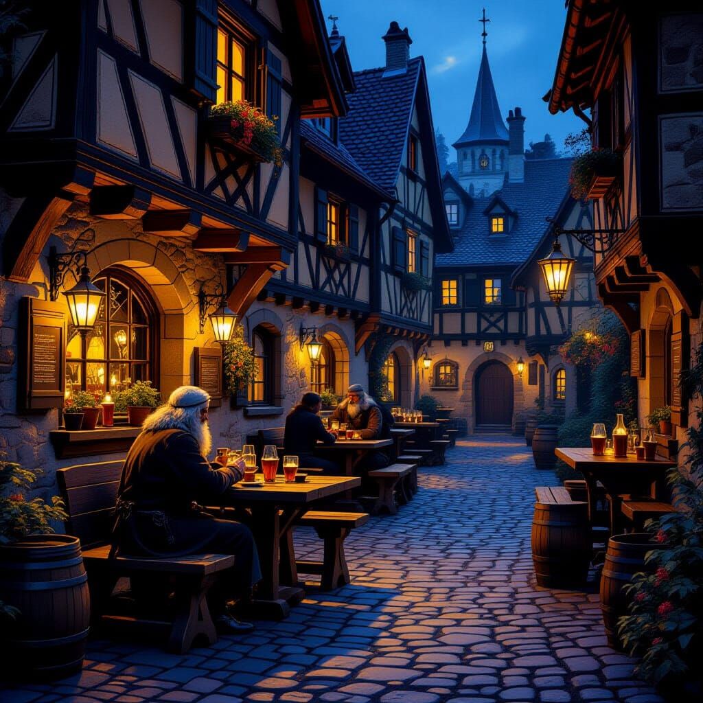 Mittelalterlicher Schenkenraum mit robustem Holztischen und Bänken bei Nacht; keine Gäste sind mehr da; An den hölzernen Seitenwänden hängen...