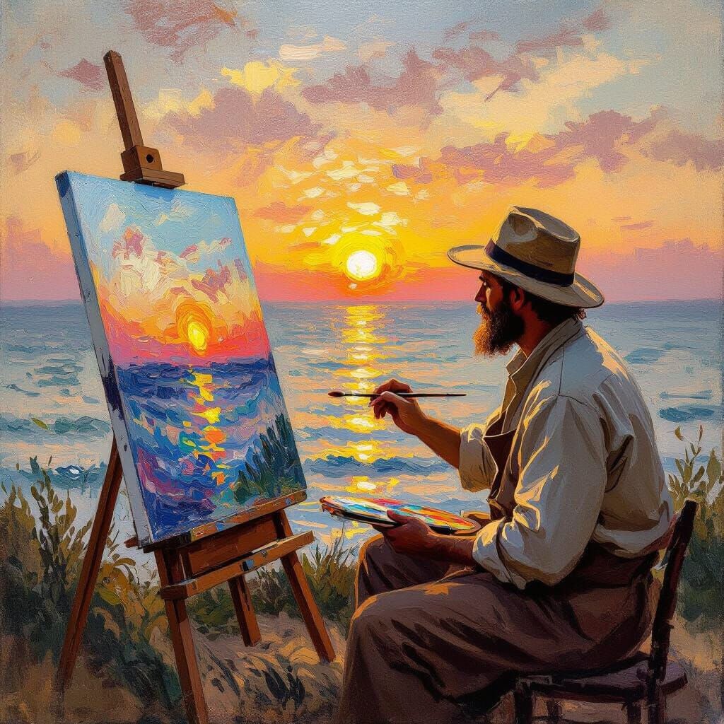 "An artist painting a breathtaking sunset over a calm ocean, each brushstroke coming to life as the colors ...  by @Sweet