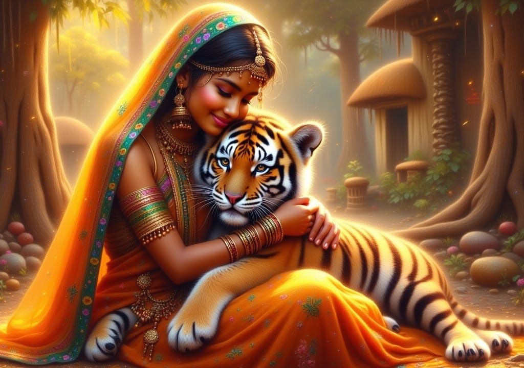 whimsical painterly fantasy artistic painting: <lora:FiosFantasyGlow:1.0> beautiful Indian woman in traditional Indian Saree sits hugging a...