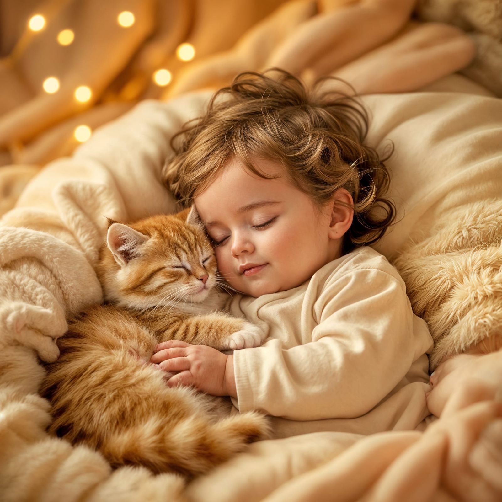 Baby and Kitten Sleeping in Golden Light