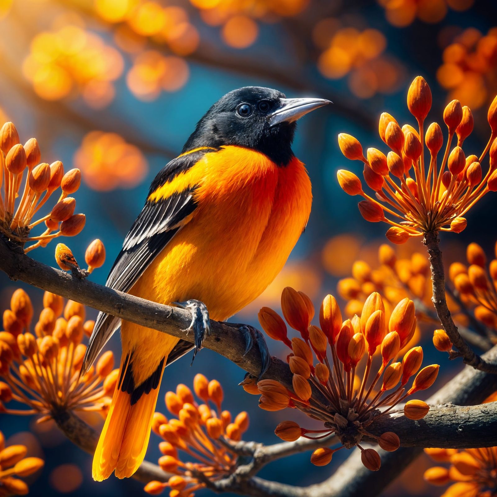 A Baltimore Oriole sitting in a tree with orange buds  by @Dantonio