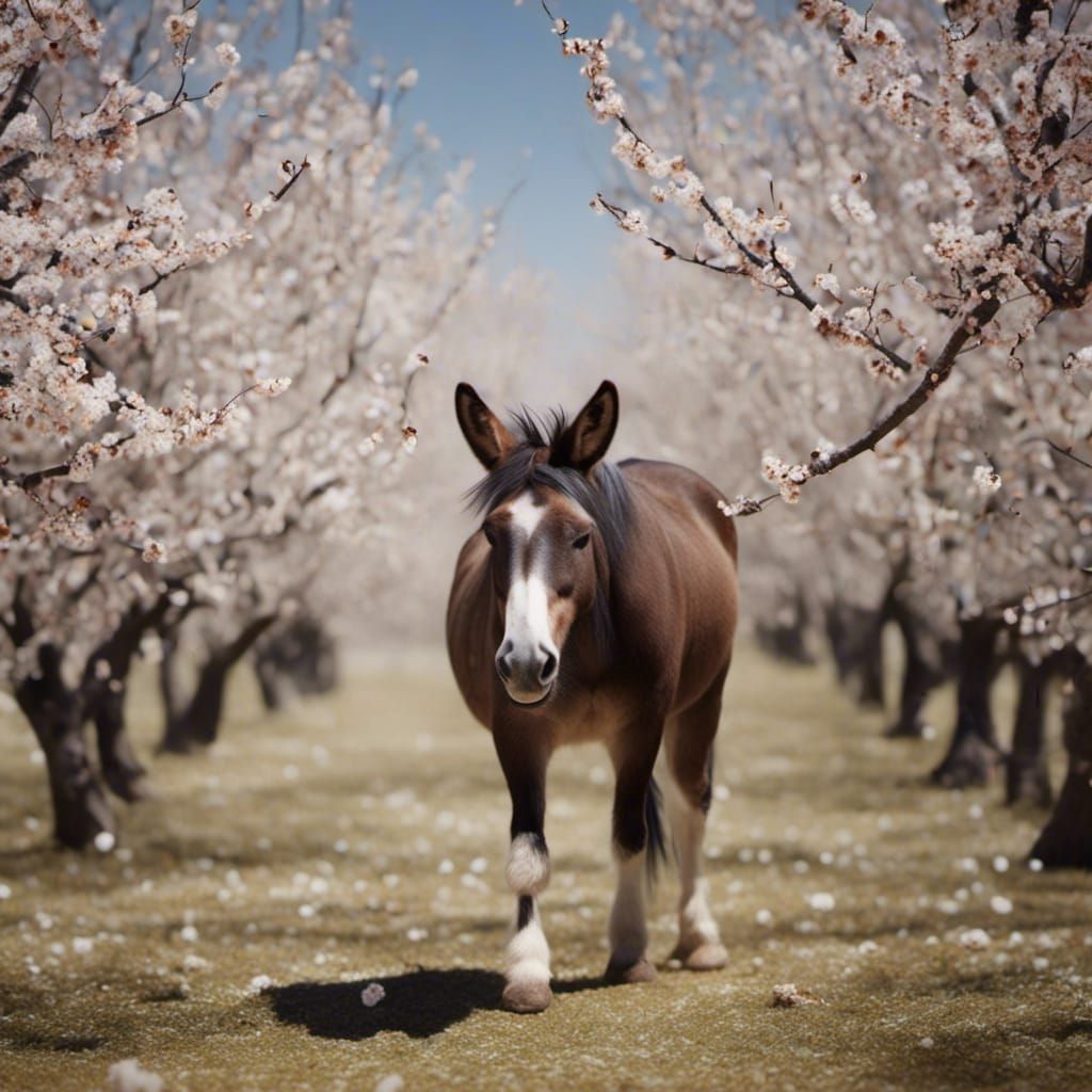<lora:Kyoot:1.0> Astonished mule in a grove of apricot trees...