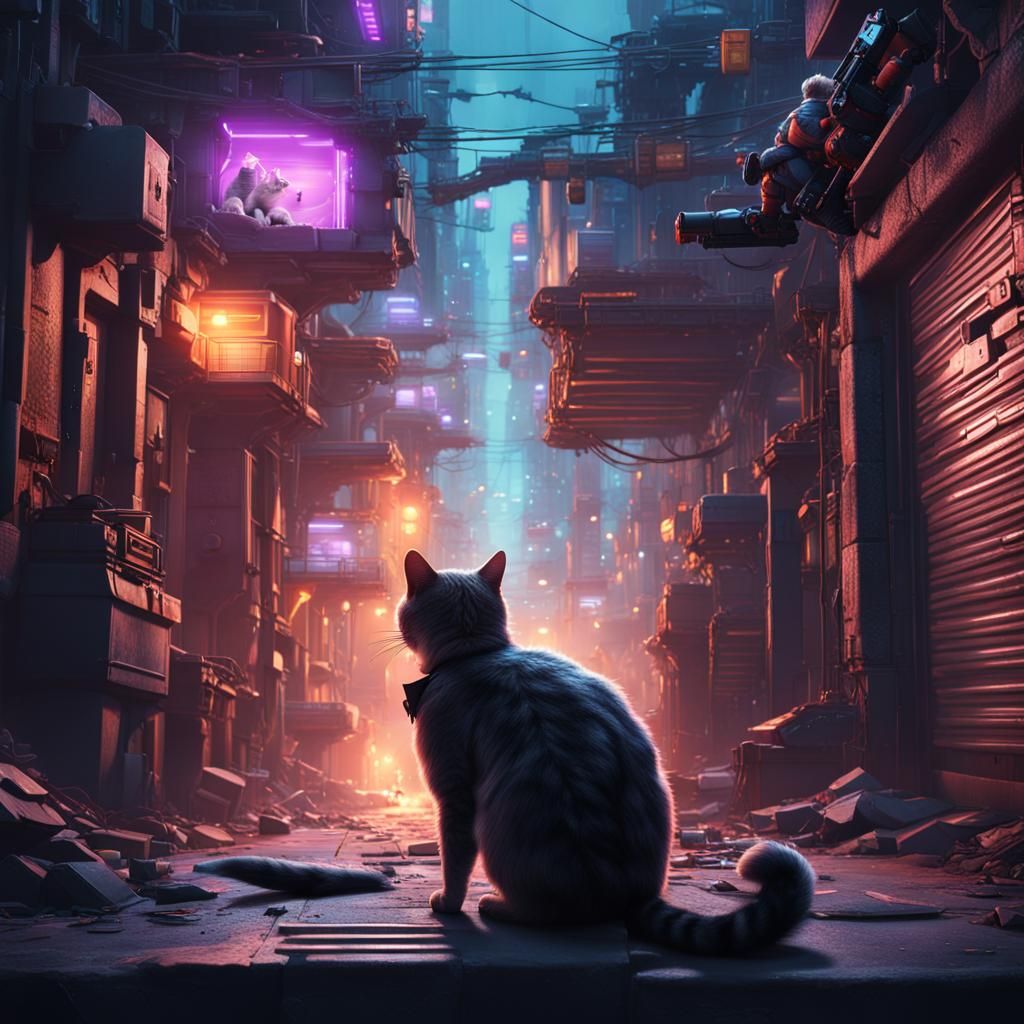 A cute cat in a cyberpunk setting looking down a alley sitti...