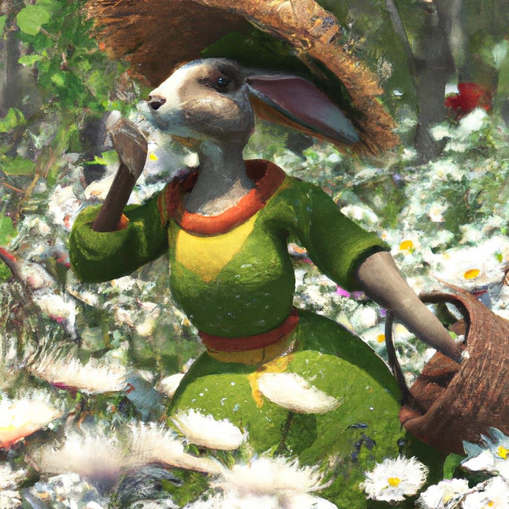 A portrait of a rabbit dressed in a floral gown and carrying...