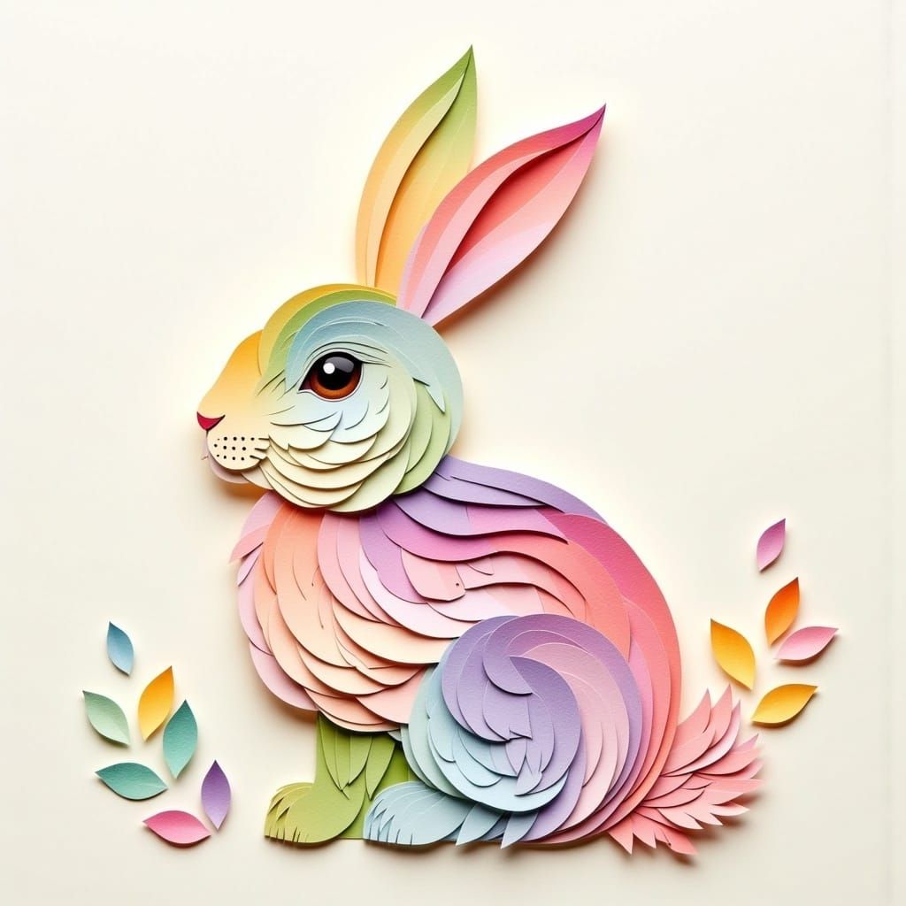 <lora:Paper Mosaic:1.0> A beautiful rabbit made of colorful pastel colors memo paper ombre like