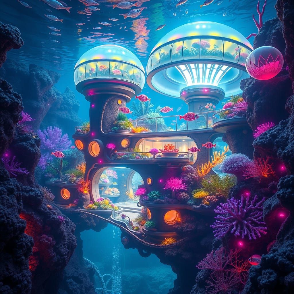 Surreal Underwater City in Bioluminescent Coral Reef, with F...