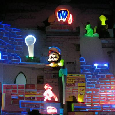 Super Mario with neon lights in fantasy world
