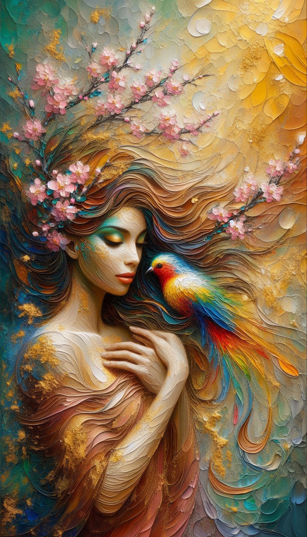 Impasto, woman and her bird