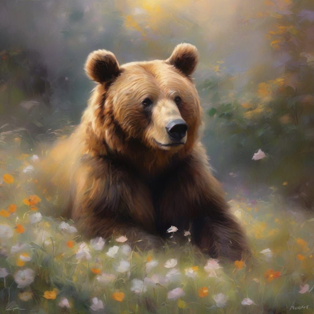 Charming Bear Sleeping in Misty Garden, Impressionist Style