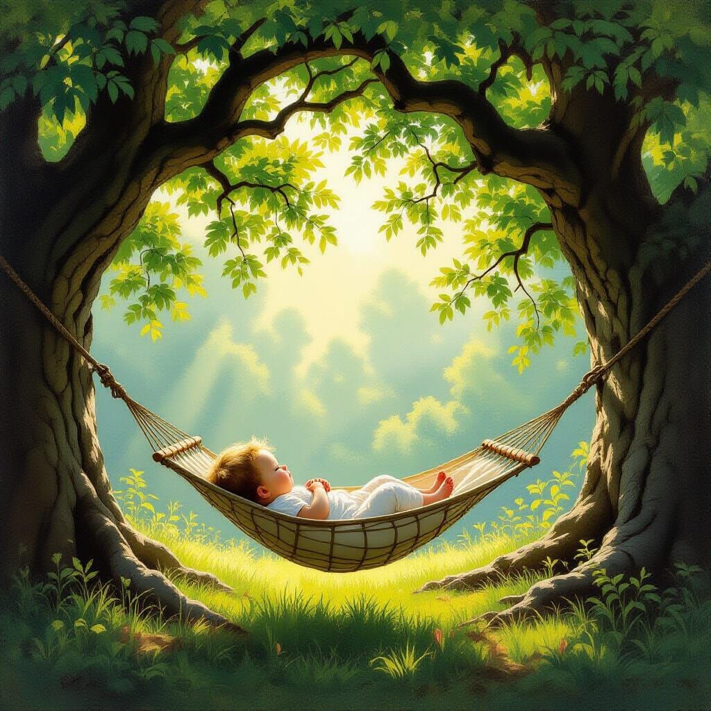 Infant in Hammock Between Trees, Classical Oil Painting Styl...