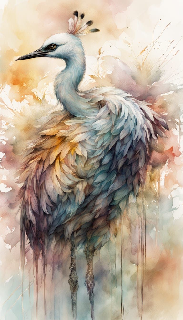 Visualize a whimsical (Oriental Crane bird sunset). Stylistic influences from Carne Griffiths and WLOP ...  by @D0npen