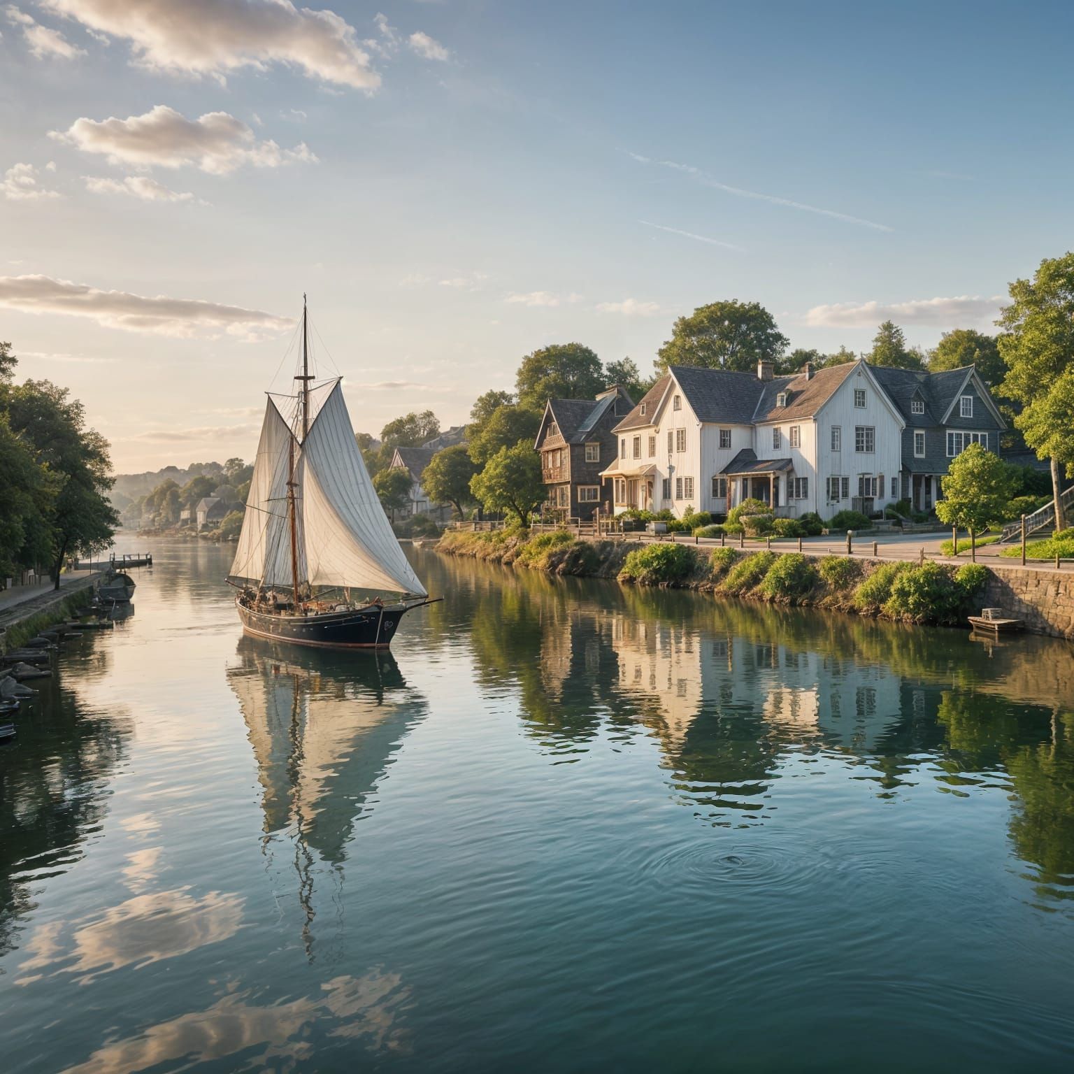 Sailing Ship Navigates River Estuary at Sunset