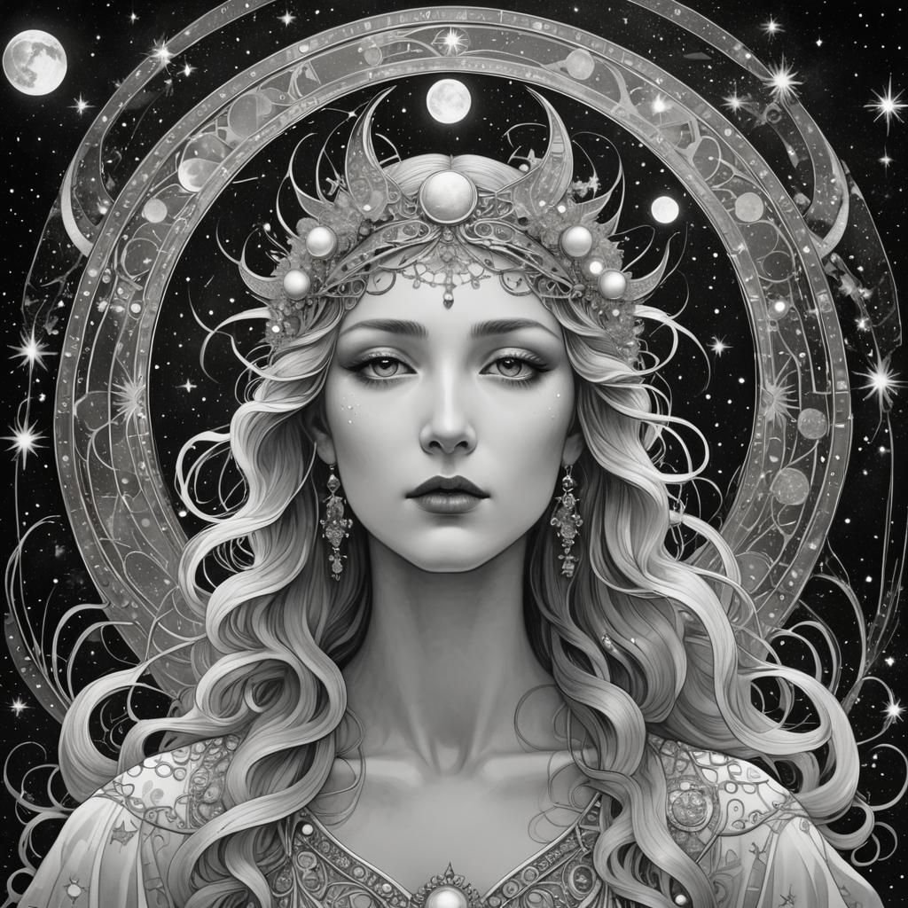 black and white art nouveau portrait of a moon goddess with twinkling ...