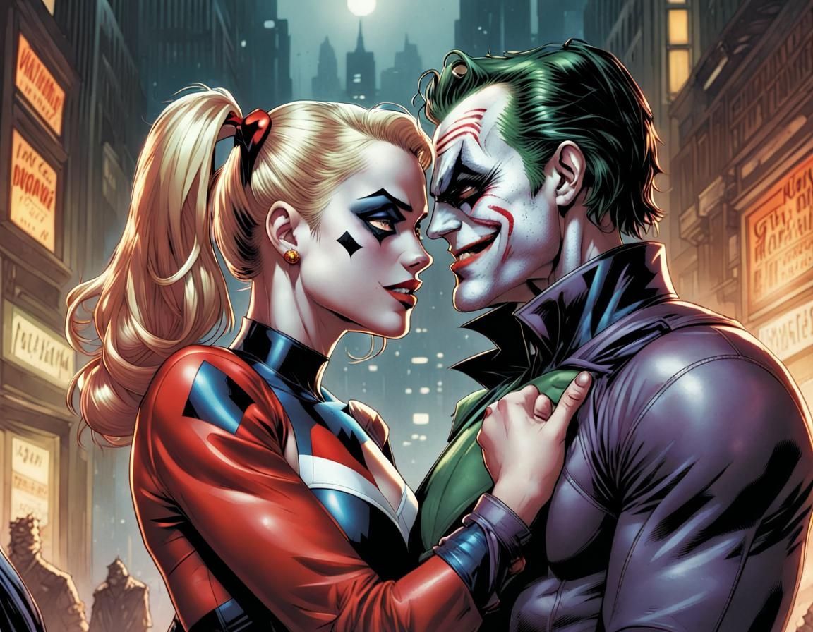 Batman embraces Harley Quinn, looking into each others eyes, Robin and ...