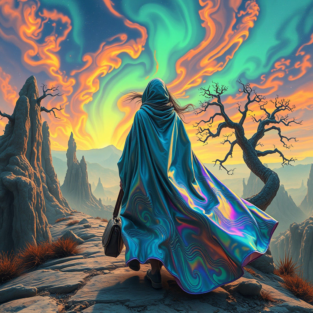 A lone female traveler, clad in a flowing, iridescent cloak and adorned with vibrant, swirling patterns, ...  by @Fiet-popularis
