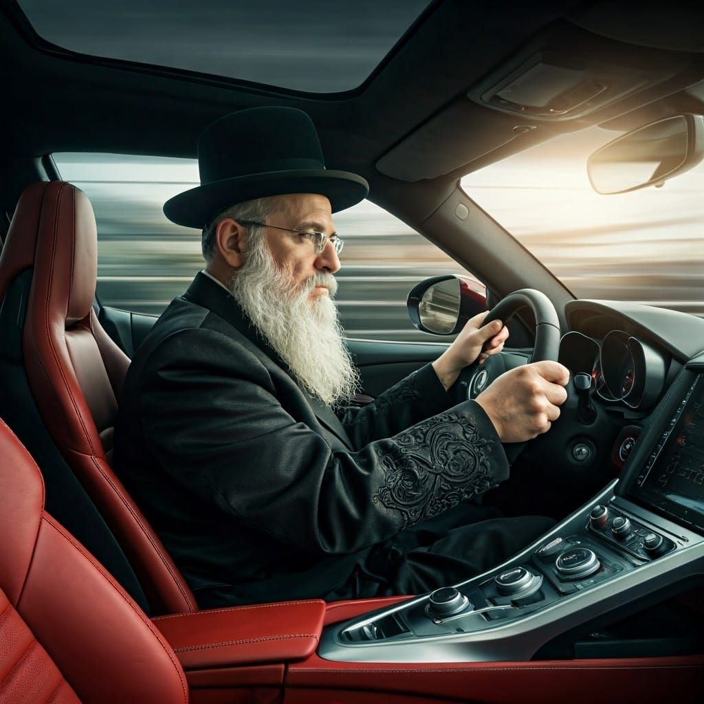 Modern Hasidic Rabbi Cruises City Streets in Sleek Red Sport...