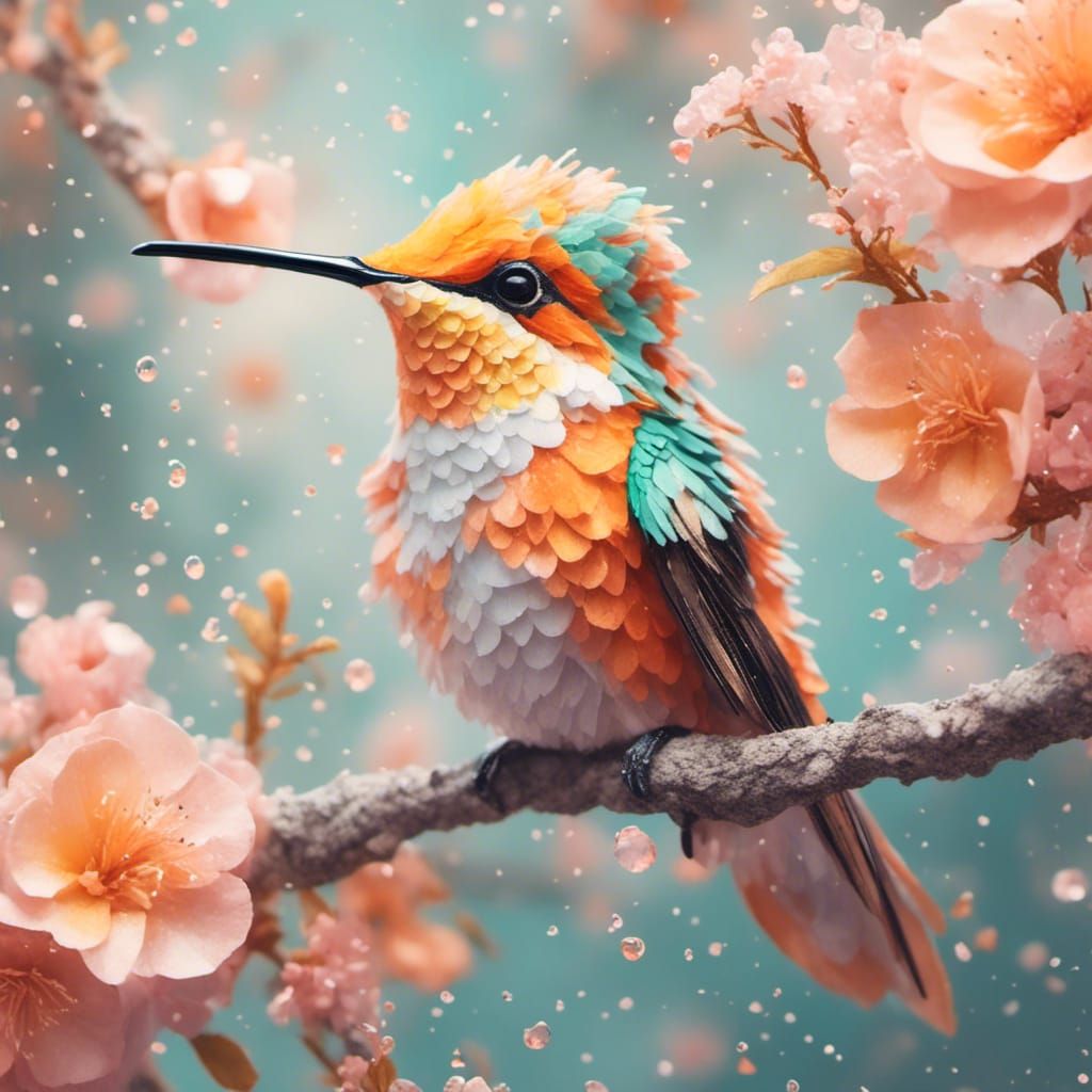 An adorable hyperrealistic orange pastel hummingbird on a tree branch <lora:Pastels:1.0>