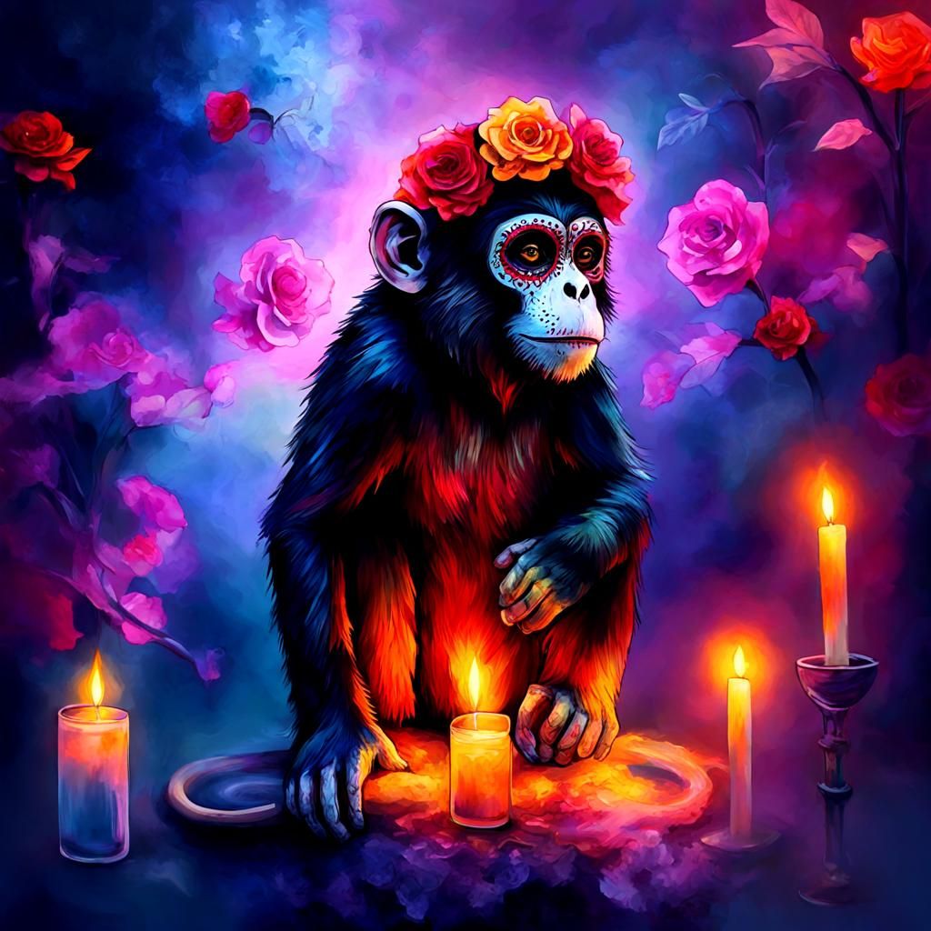 (Day of the Dead monkey1.9), Alcohol_ink, Oil paint, deep saturation