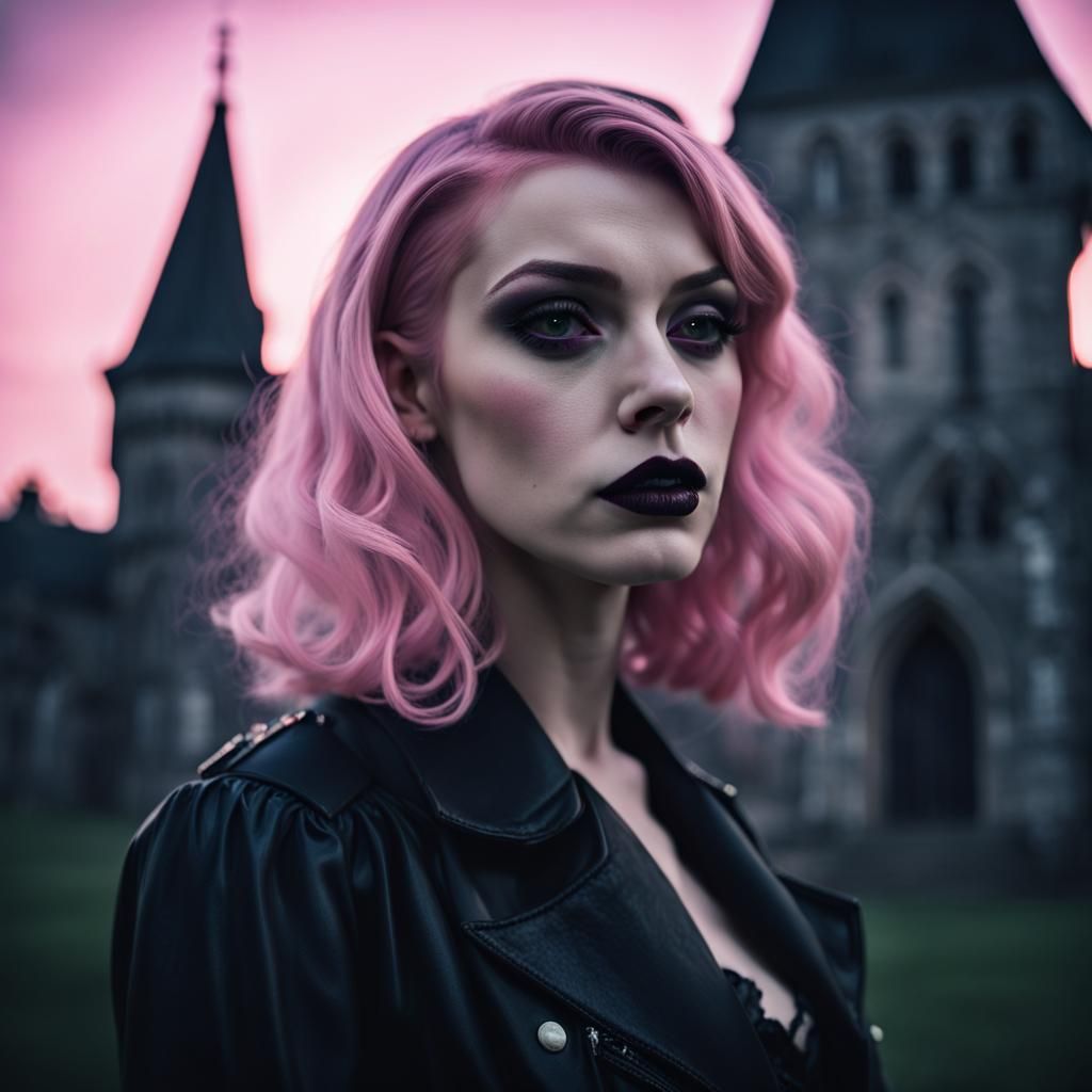 Gothic Girl Portrait in Neo-Noir Halloween Scene