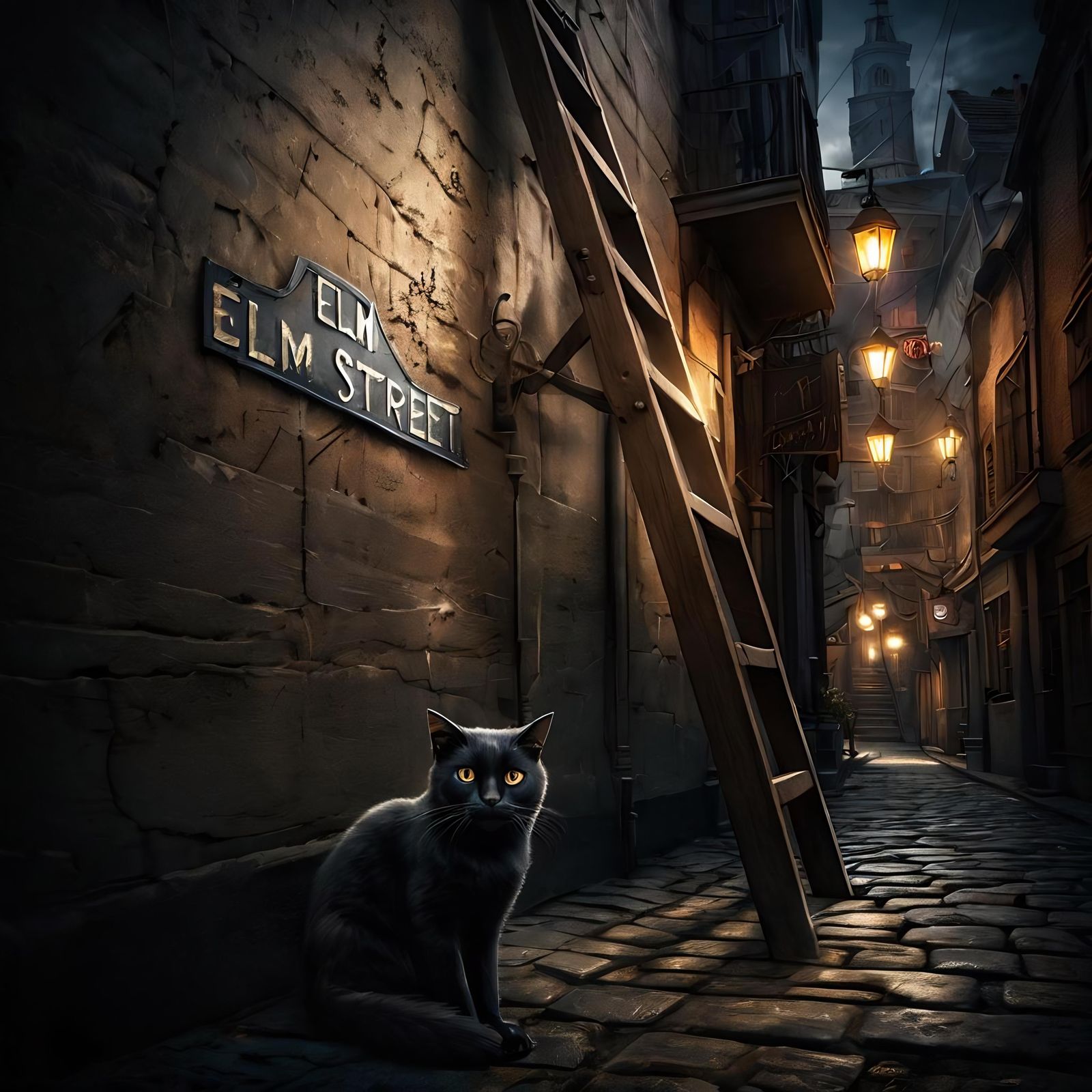 A black cat and a ladder on Elm Street, what could possibly go wrong?  by @Rietpetiet 