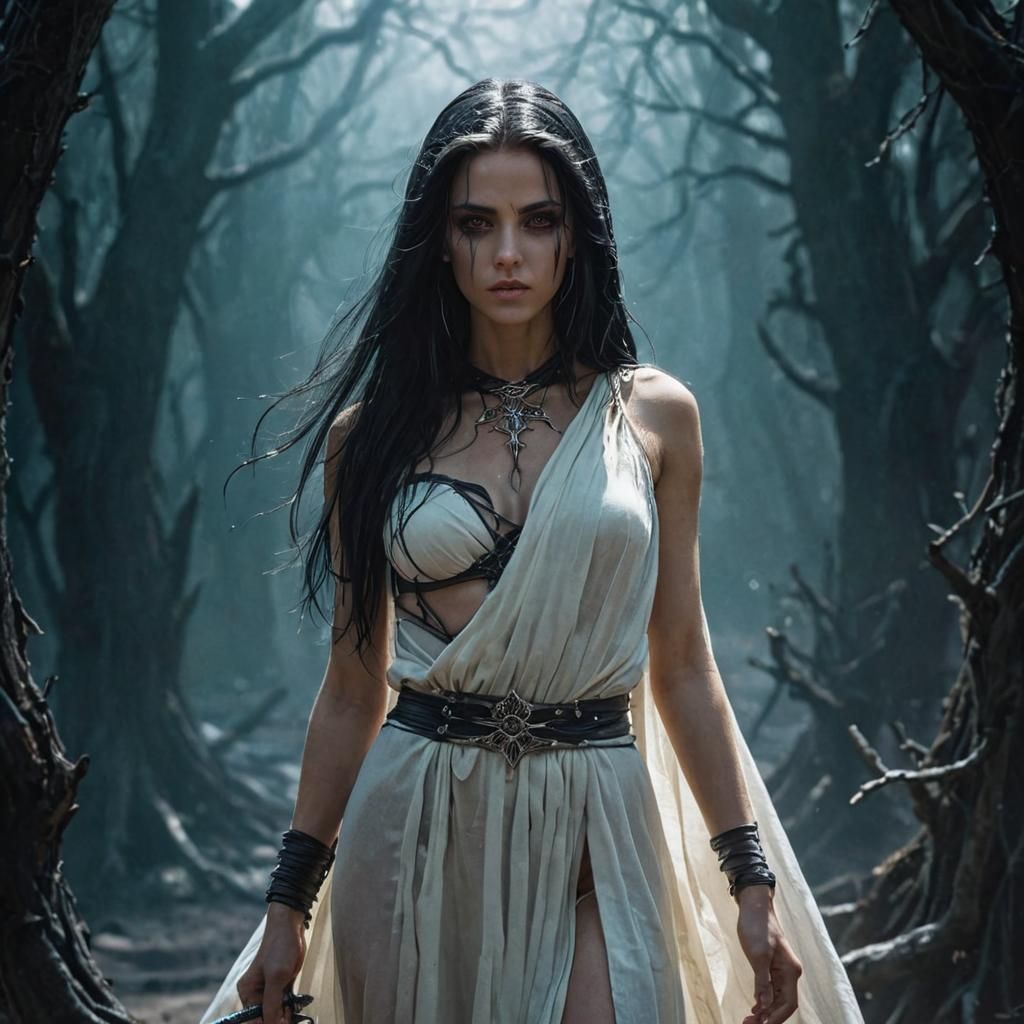 A high elf wearing a black hood, her white long hair creeping out. She has purple eyes and is welding a black sword. She is standing in the...