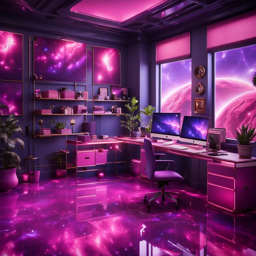 Large pink and purple Galaxy inspired Office with reflective...