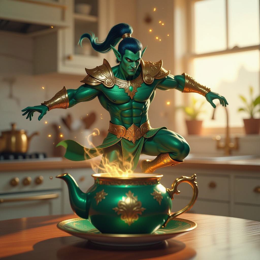 Vibrantly Colored Elf Leaps From Teapot in Fantasy Art Style