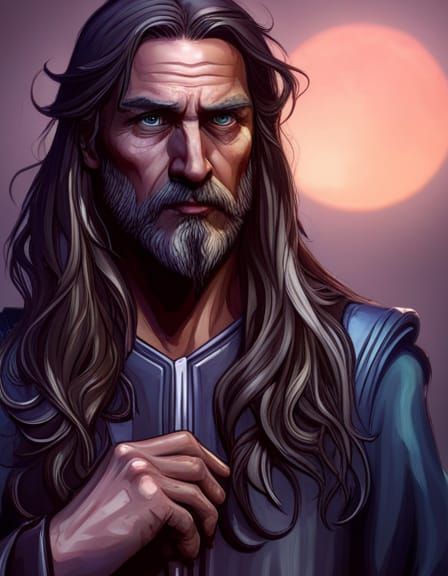 sad male wizard, long hair