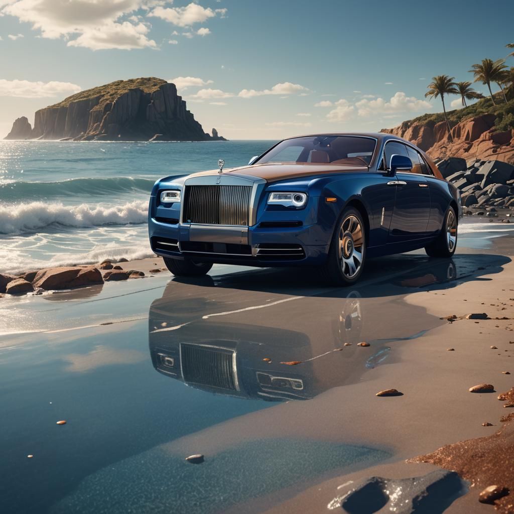 Futuristic Rolls Royce on Ocean Shore, Syd Mead Style