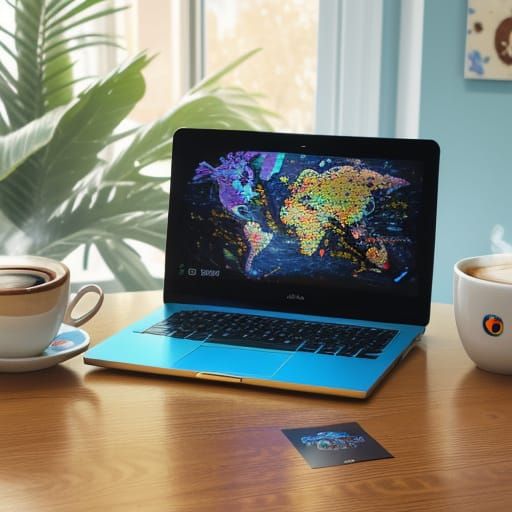 Laptop with Stickers and Coffee: Digital Art