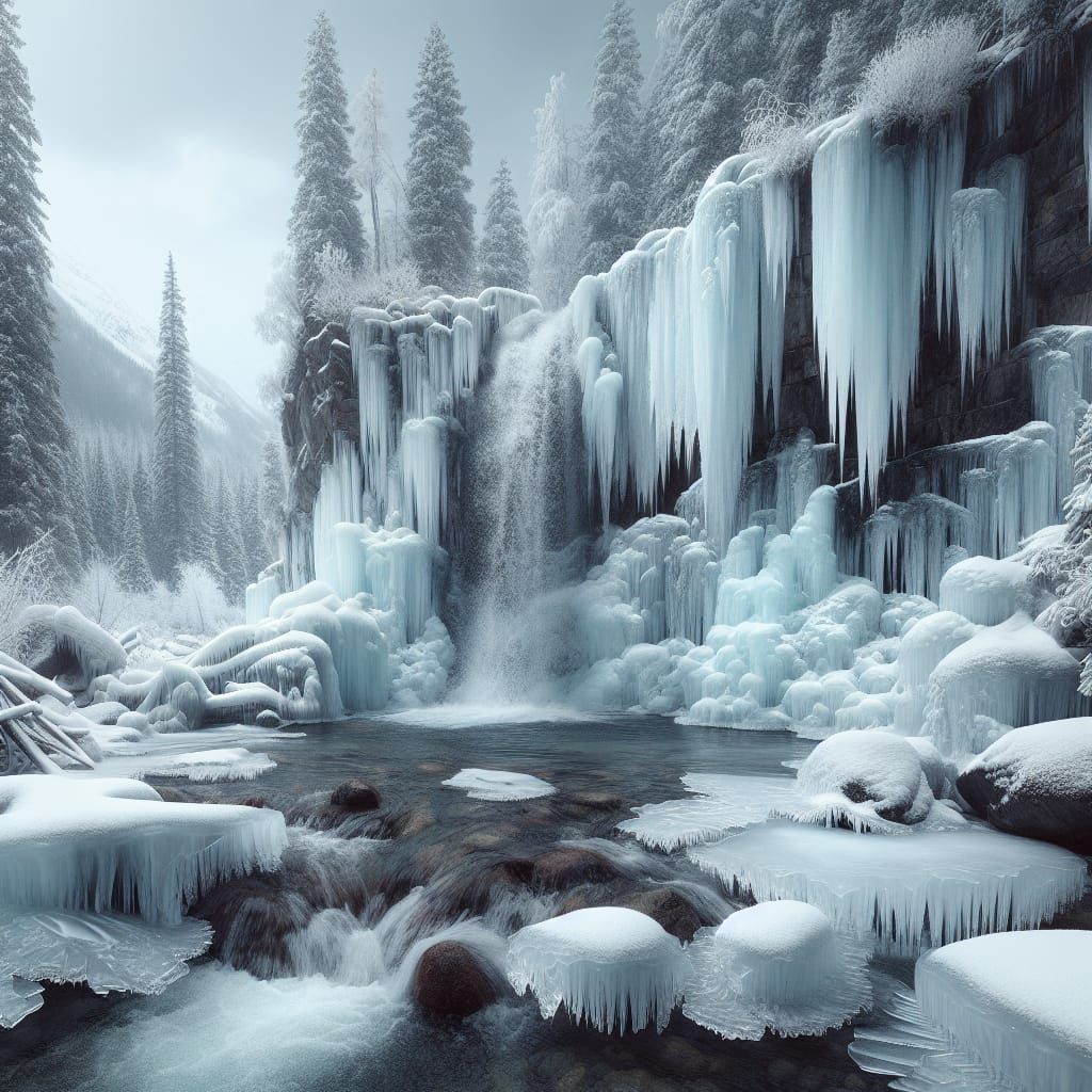 Winter Wonderland: Partially Frozen Waterfall in Icy Landsca...