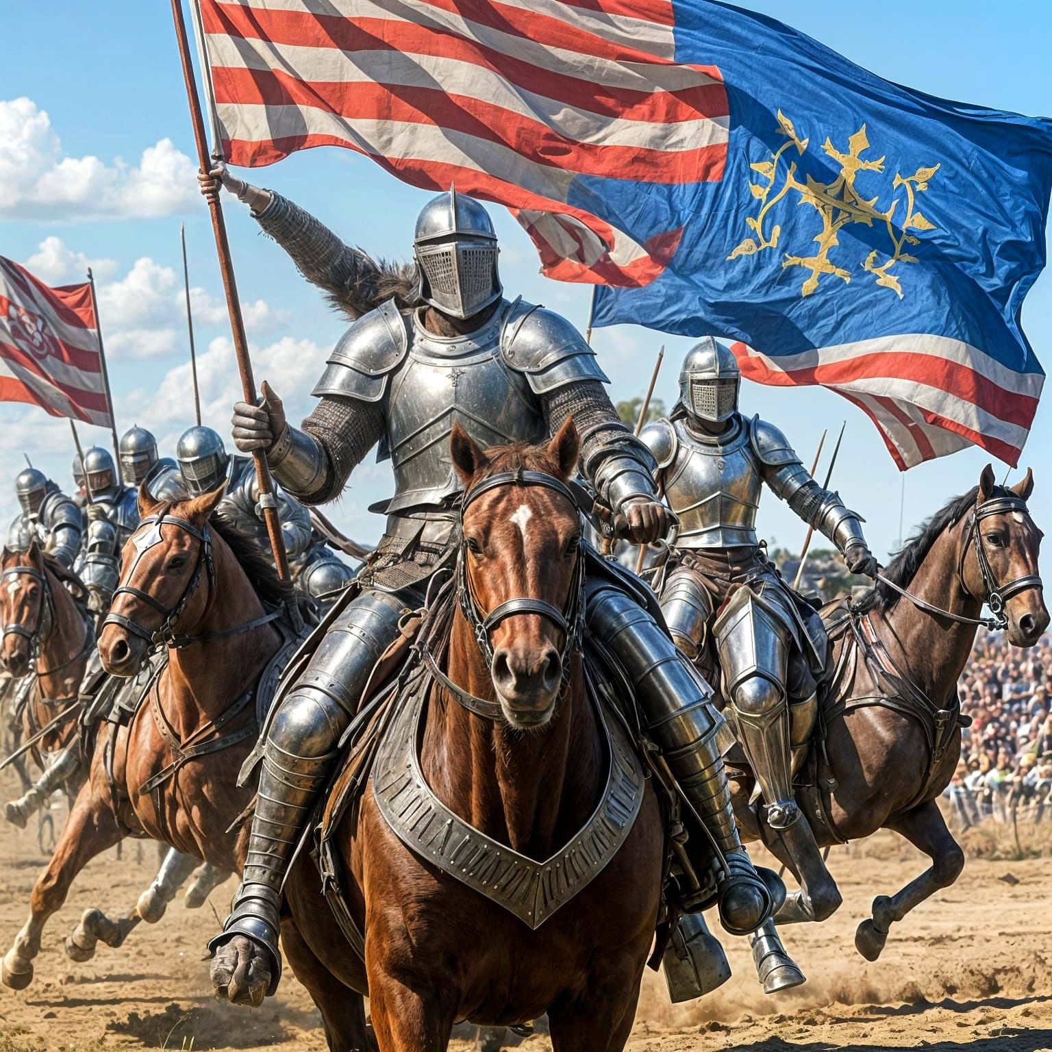 Medieval knightly tournament. Heavy horses with armored riders crash at high speed. Spears break, shields ...  by @Shuttleskipper