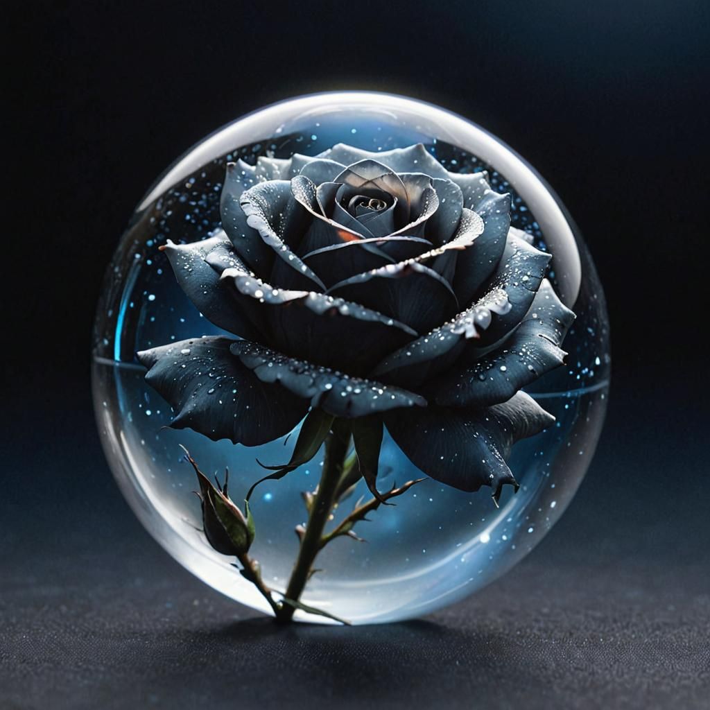 Beautiful Silver and Black Rose Bloom contained Inside a floating Orb